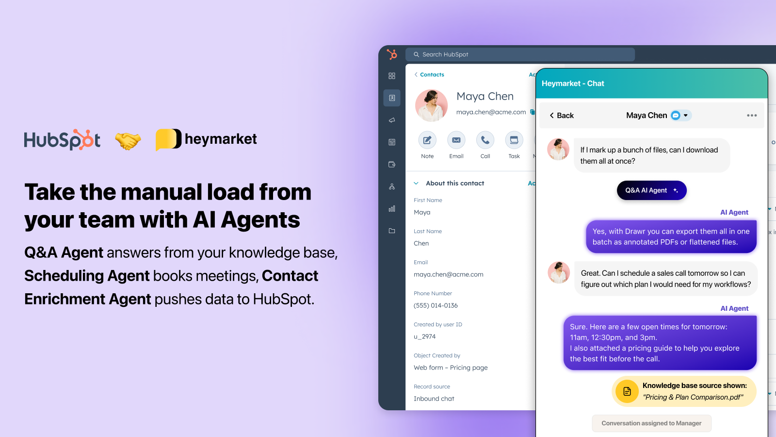 AI agents inside HubSpot for knowledge-base Q&A, meeting scheduling, and contact enrichment.