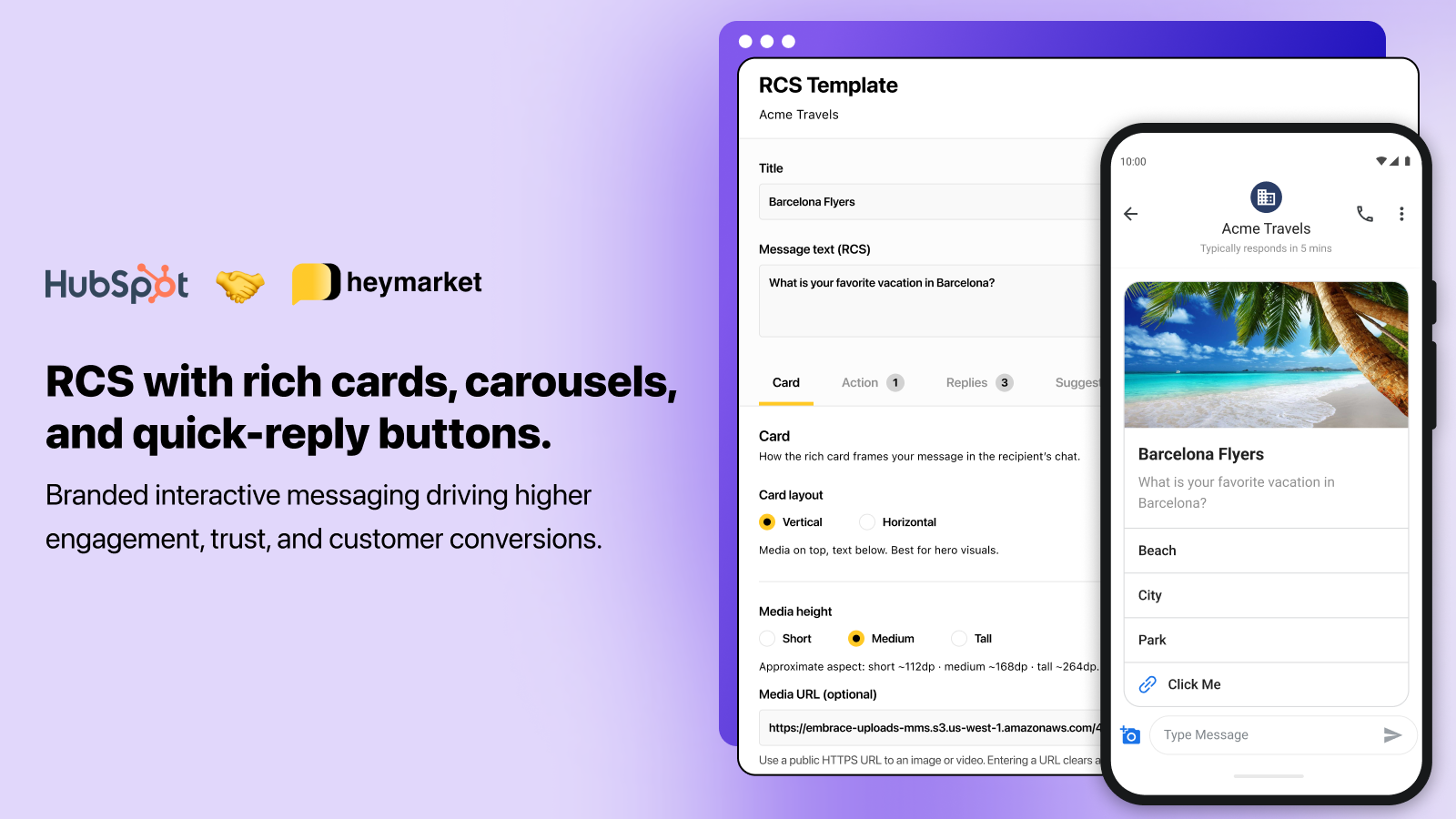 Branded RCS messaging with verified senders, rich cards, carousels, and interactive actions